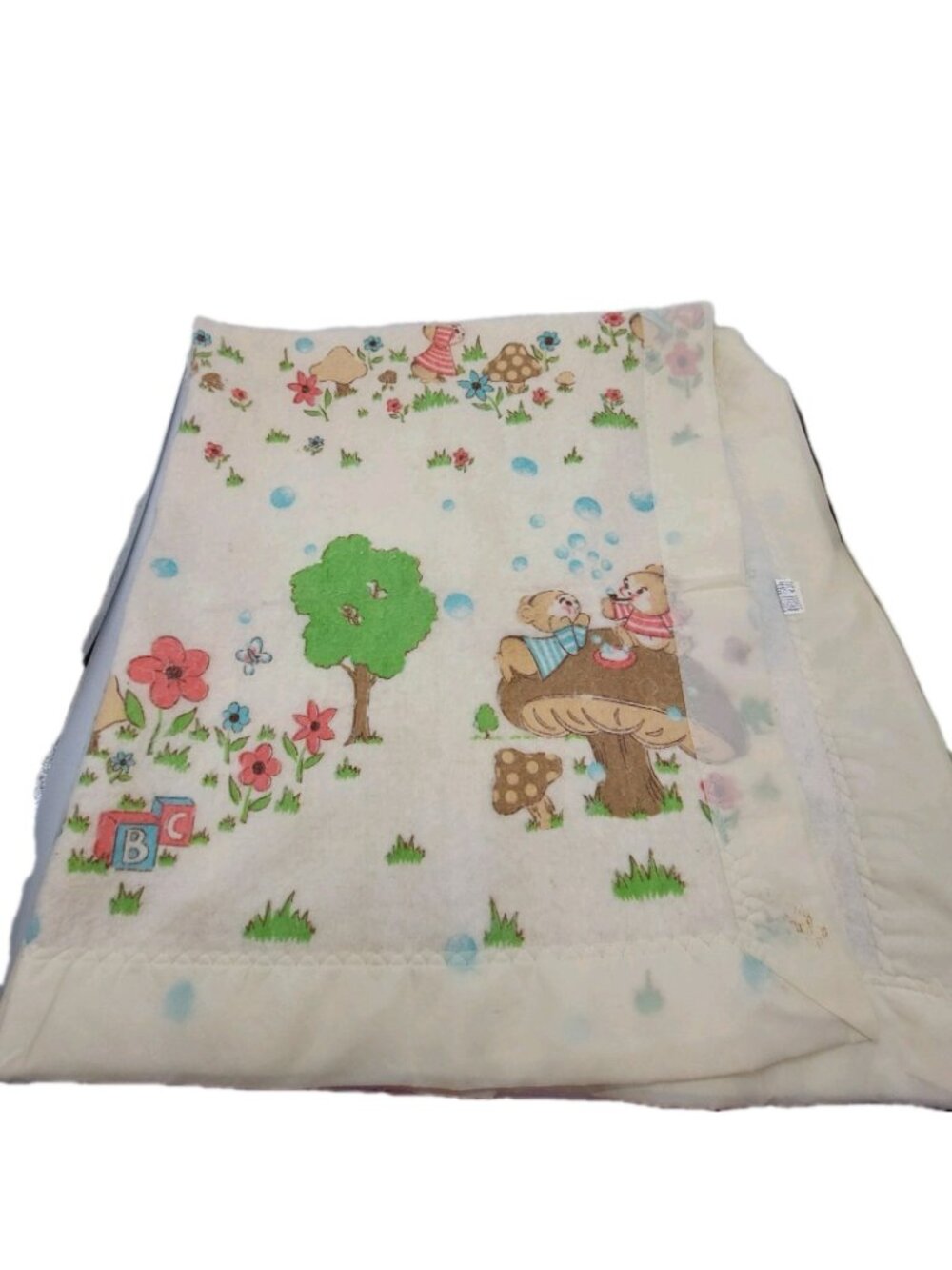 Cannon Mills Satin Trim Baby Blanket Mushrooms Bears Butterflies 41" x 46" Read